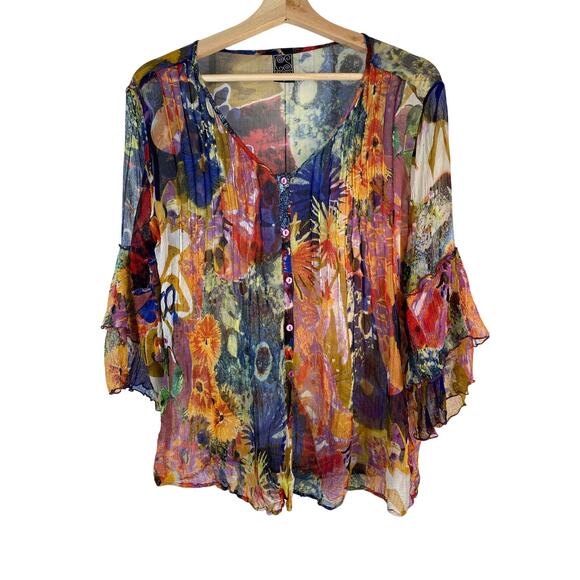 Casual Studio Tops - Casual Studio Women's S Sheer Pintuck Pleated Colorful Floral Bell Sleeve Blouse